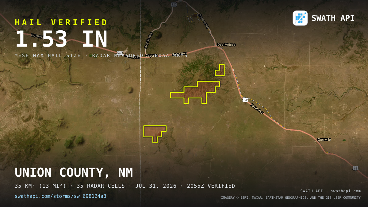 Storm card: 1.1–1.5" hail crossed Union County, NM — July 31, 2026
