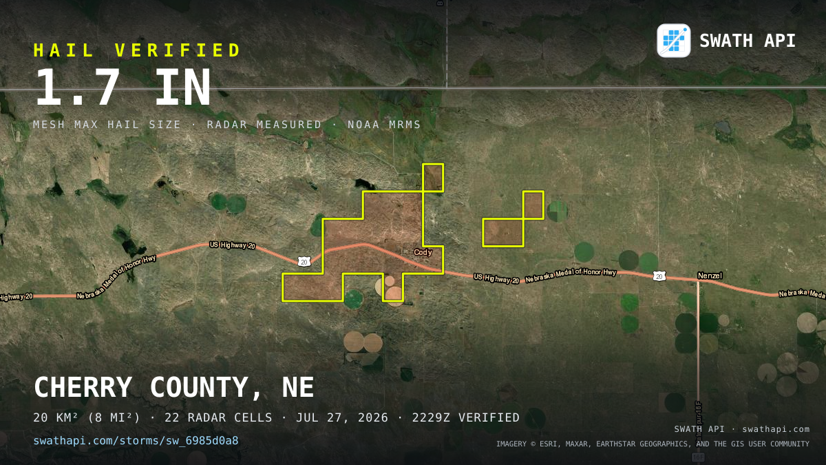 Storm card: 1.2–1.7" hail crossed Cherry County, NE — July 27, 2026