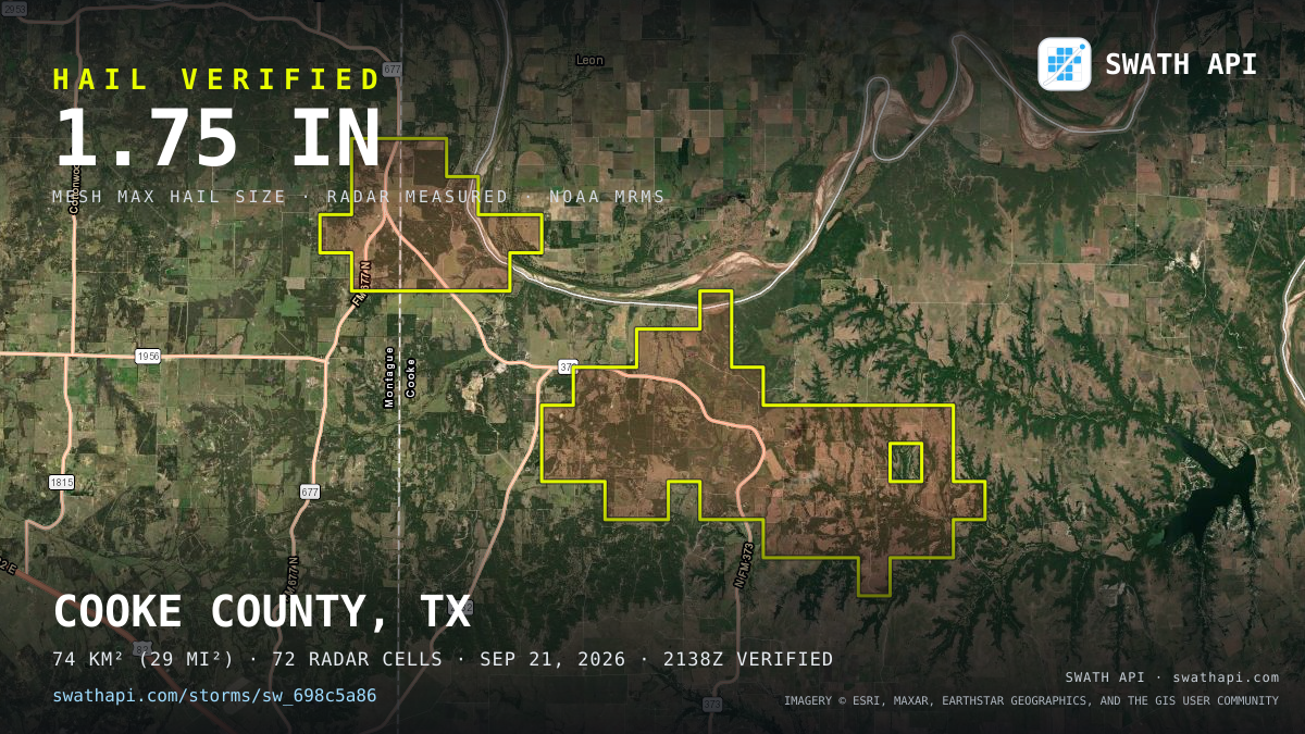 Storm card: 1.1–1.8" hail crossed Cooke County, TX — September 21, 2026