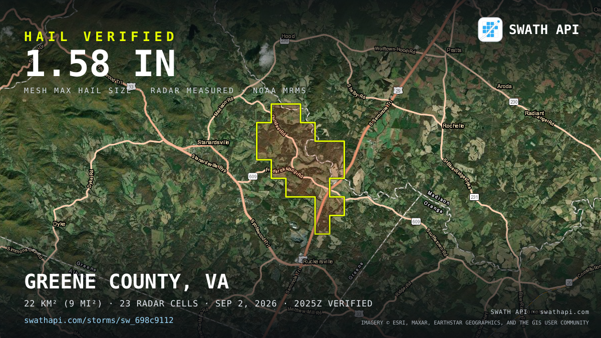 Storm card: 1.1–1.6" hail crossed Greene County, VA — September 2, 2026