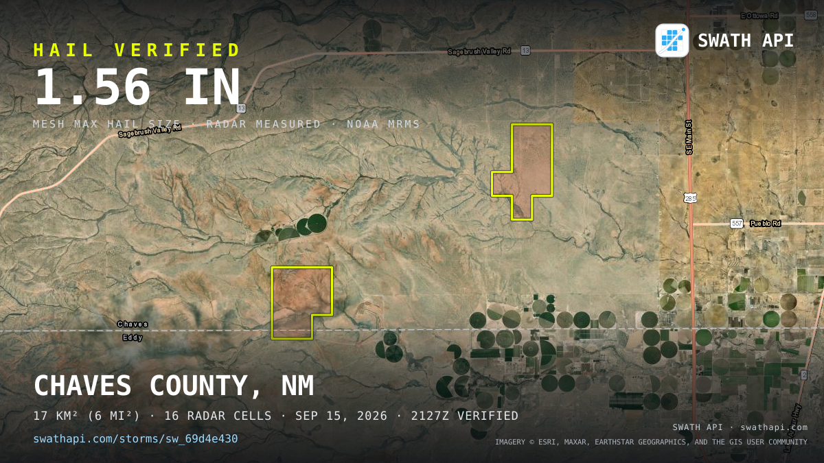 Storm card: 1.1–1.6" hail crossed Chaves County, NM — September 15, 2026