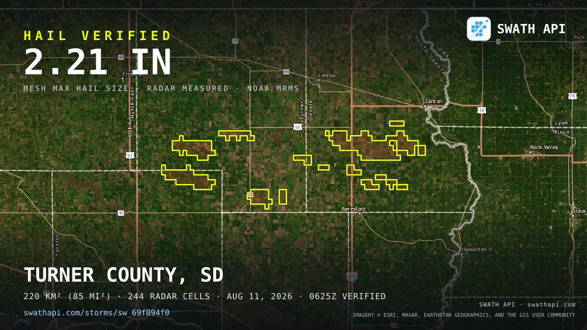 Storm card: 1.1–2.2" hail crossed Turner County, SD — August 11, 2026