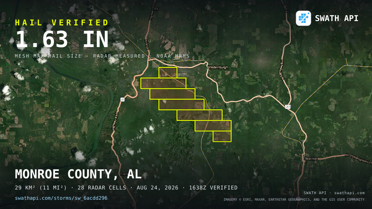 Storm card: 1.2–1.6" hail crossed Monroe County, AL — August 24, 2026