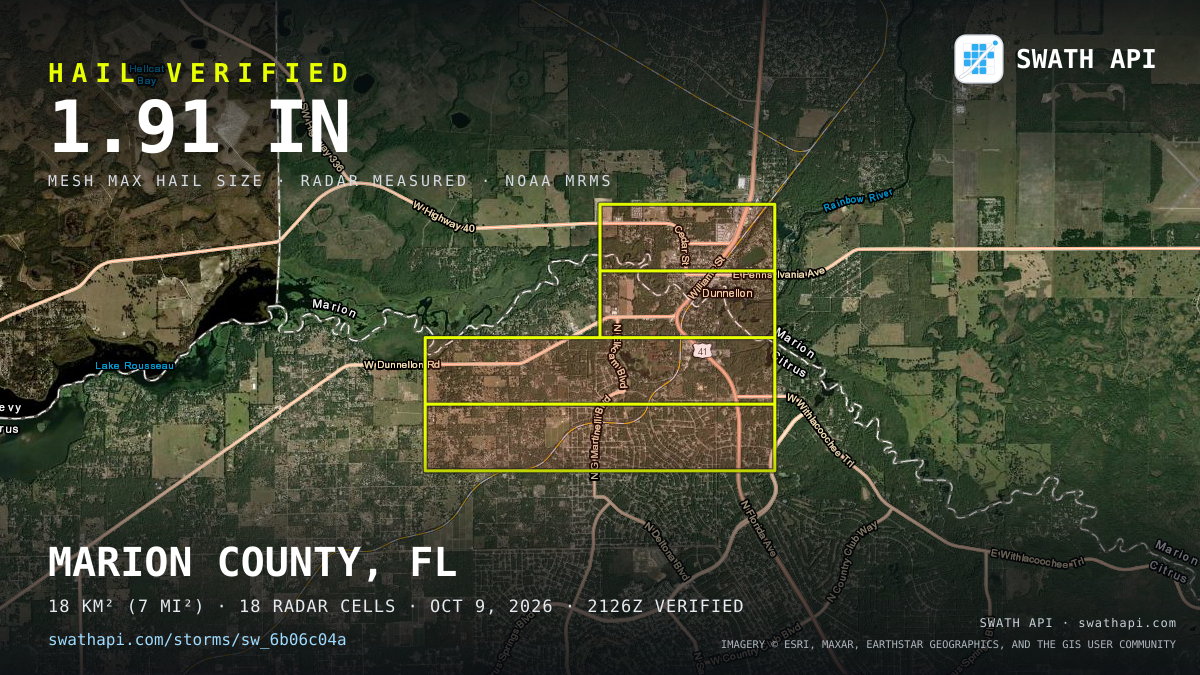 Storm card: 1.4–1.9" hail crossed Marion County, FL — October 9, 2026