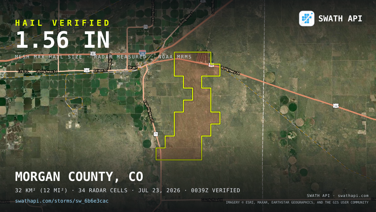Storm card: 1.1–1.6" hail crossed Morgan County, CO — July 23, 2026