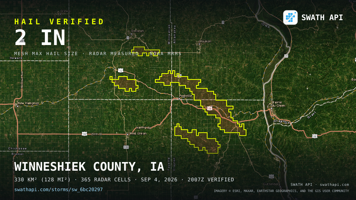 Storm card: 1.3–2" hail crossed Clayton County, IA — September 4, 2026