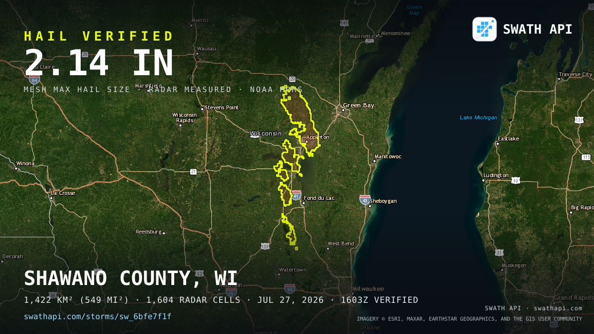 Storm card: 1.1–2.1" hail crossed Outagamie County, WI — July 27, 2026