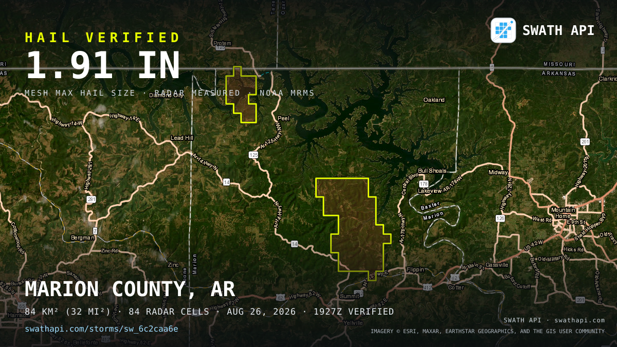 Storm card: 1.2–1.9" hail crossed Marion County, AR — August 26, 2026
