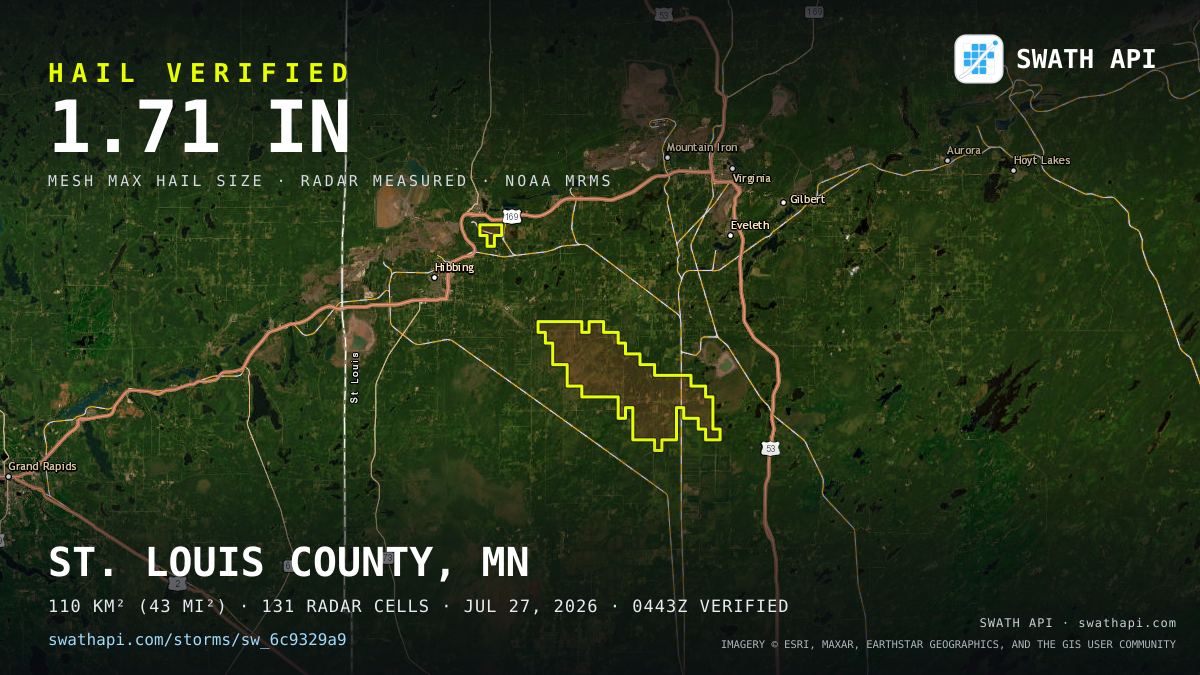 Storm card: 1.1–1.7" hail crossed St. Louis County, MN — July 27, 2026