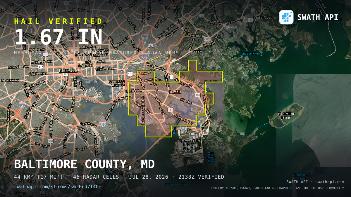Storm card: 1.3–1.7" hail crossed Baltimore County, MD — July 28, 2026