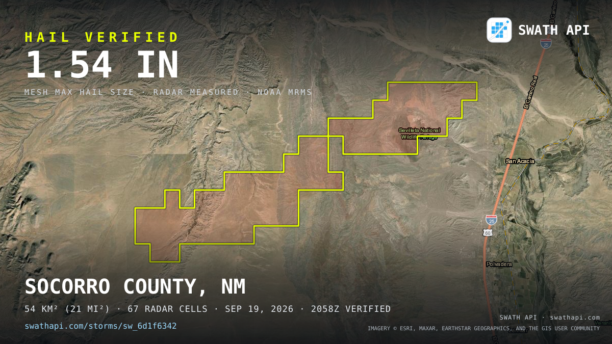Storm card: 1.1–2.3" hail crossed Socorro County, NM — September 19, 2026