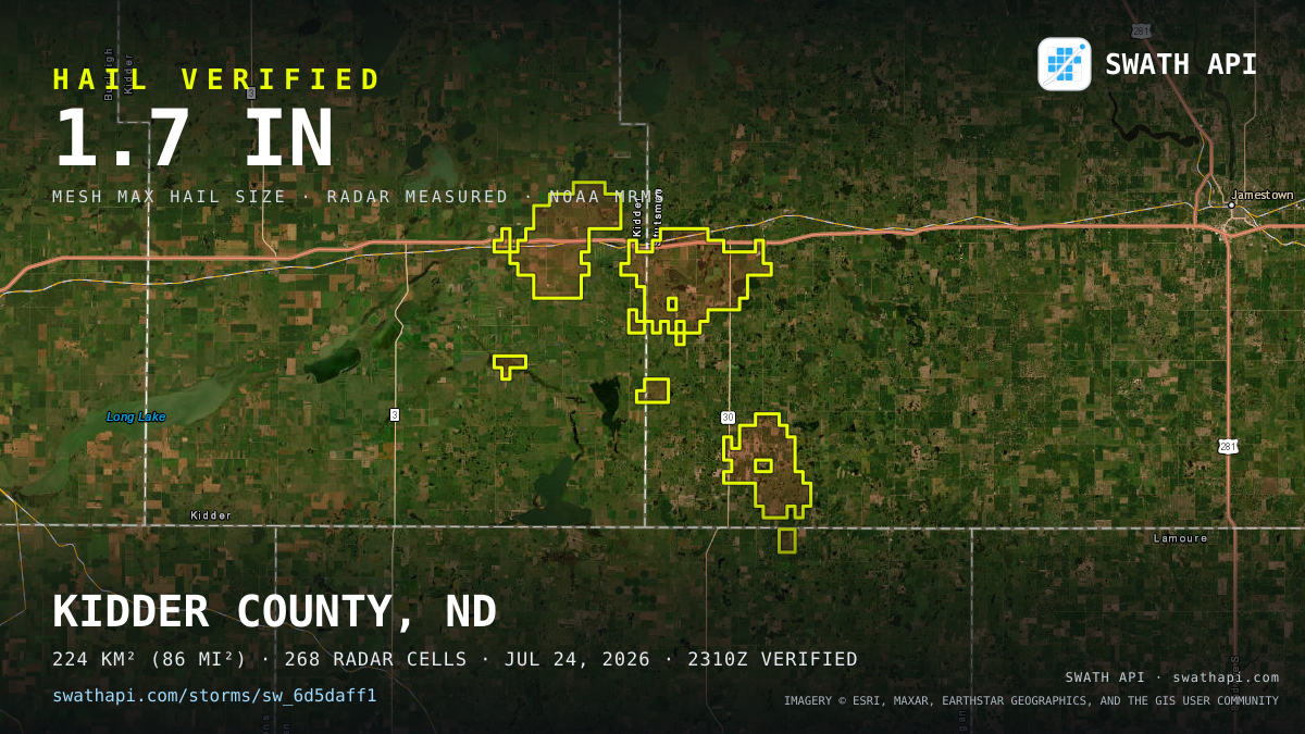 Storm card: 1.1–1.7" hail crossed Stutsman County, ND — July 24, 2026