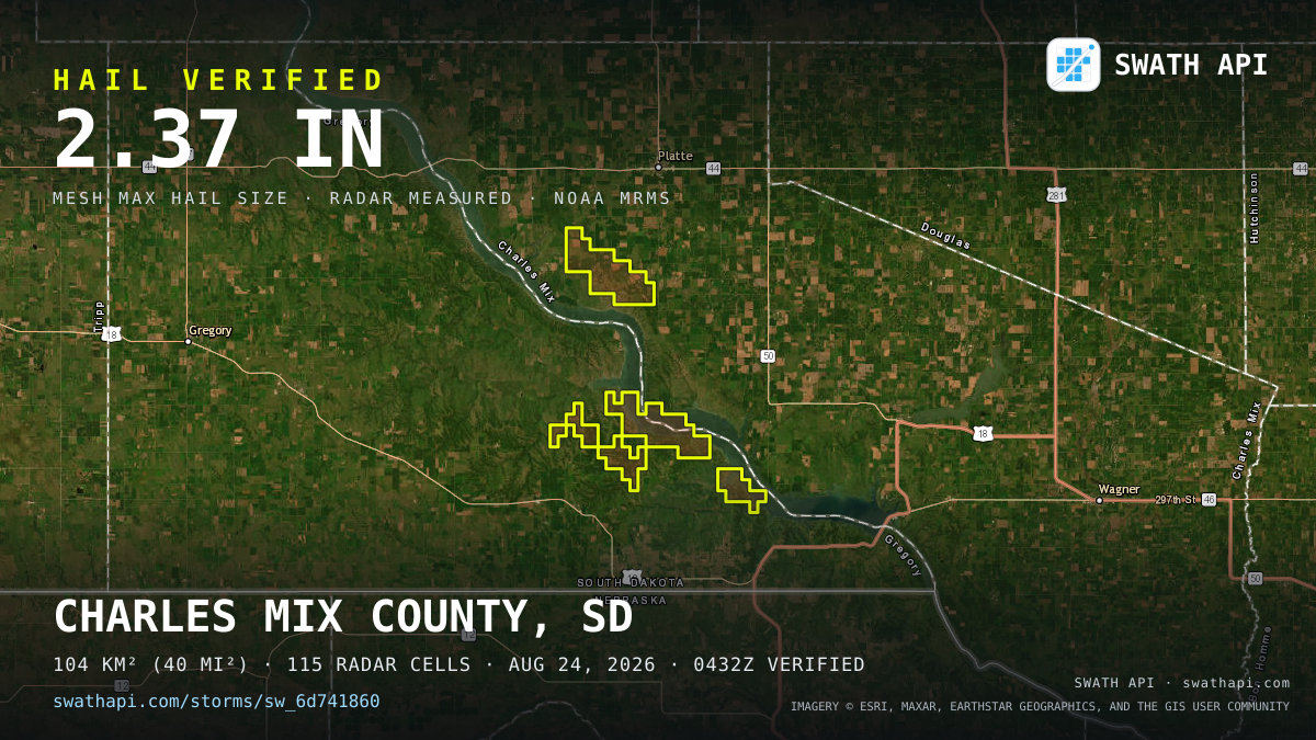 Storm card: 1.1–2.4" hail crossed Charles Mix County, SD — August 24, 2026