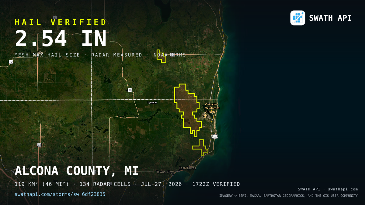 Storm card: 1.2–2.5" hail crossed Iosco County, MI — July 27, 2026