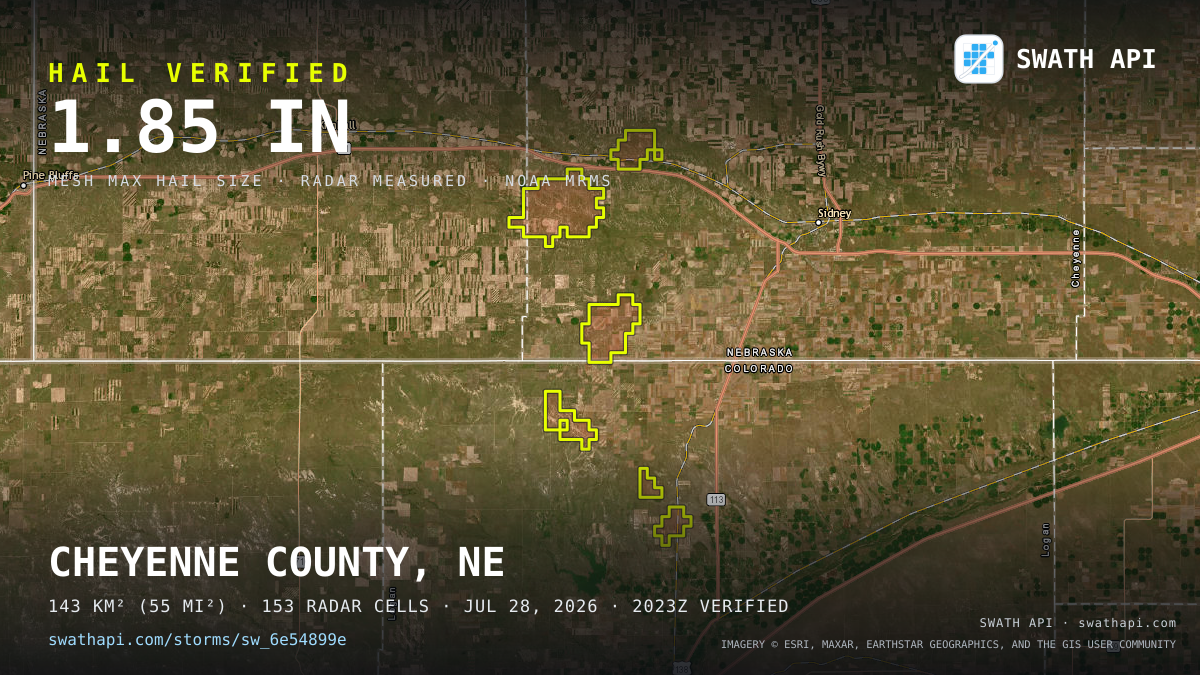 Storm card: 1.2–1.9" hail crossed Cheyenne County, NE — July 28, 2026