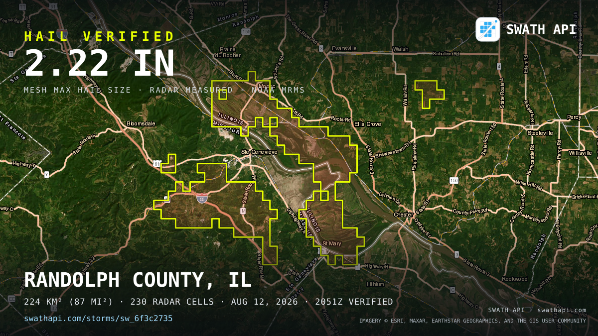 Storm card: 1.1–2.2" hail crossed Ste. Genevieve County, MO — August 12, 2026