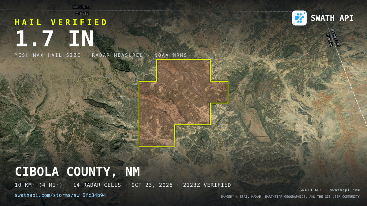 Storm card: 1.3–2.5" hail crossed Sandoval County, NM — October 23, 2026