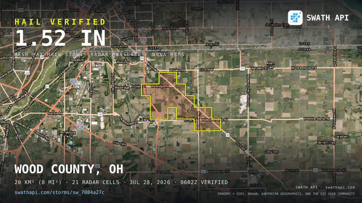 Storm card: 1.2–1.5" hail crossed Wood County, OH — July 28, 2026