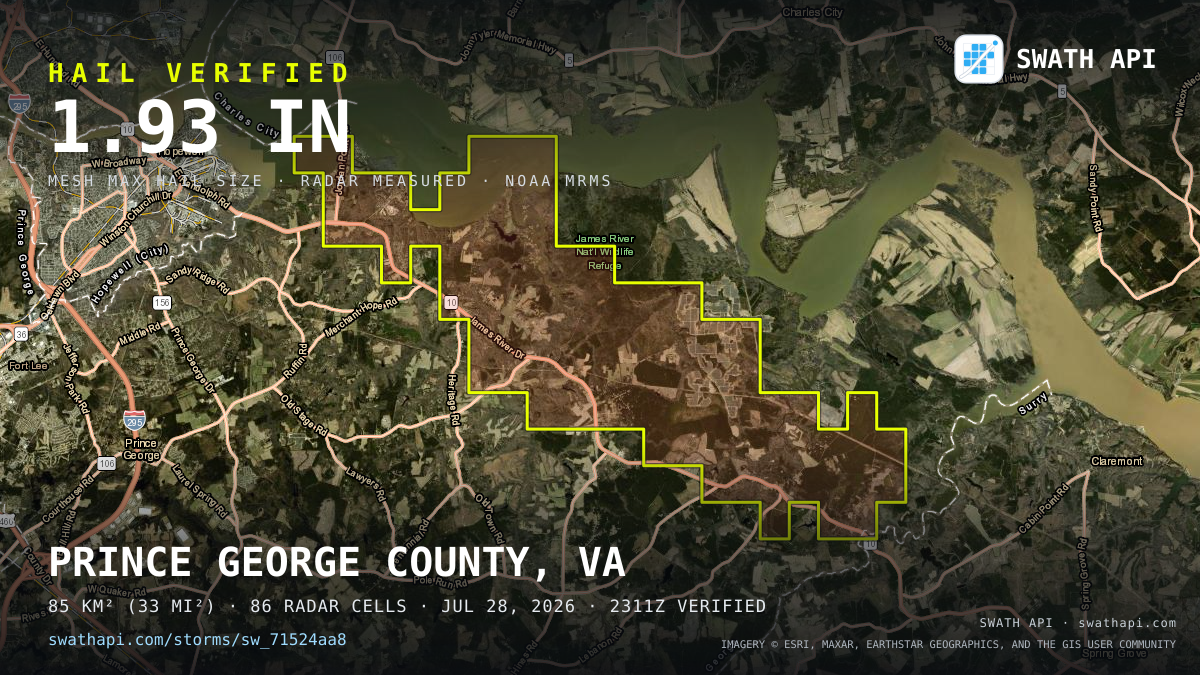 Storm card: 1.1–1.9" hail crossed Prince George County, VA — July 28, 2026