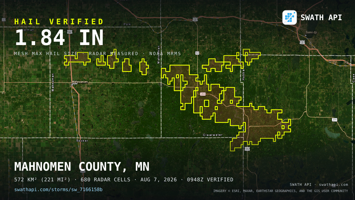 Storm card: 1.1–1.8" hail crossed Clearwater County, MN — August 7, 2026