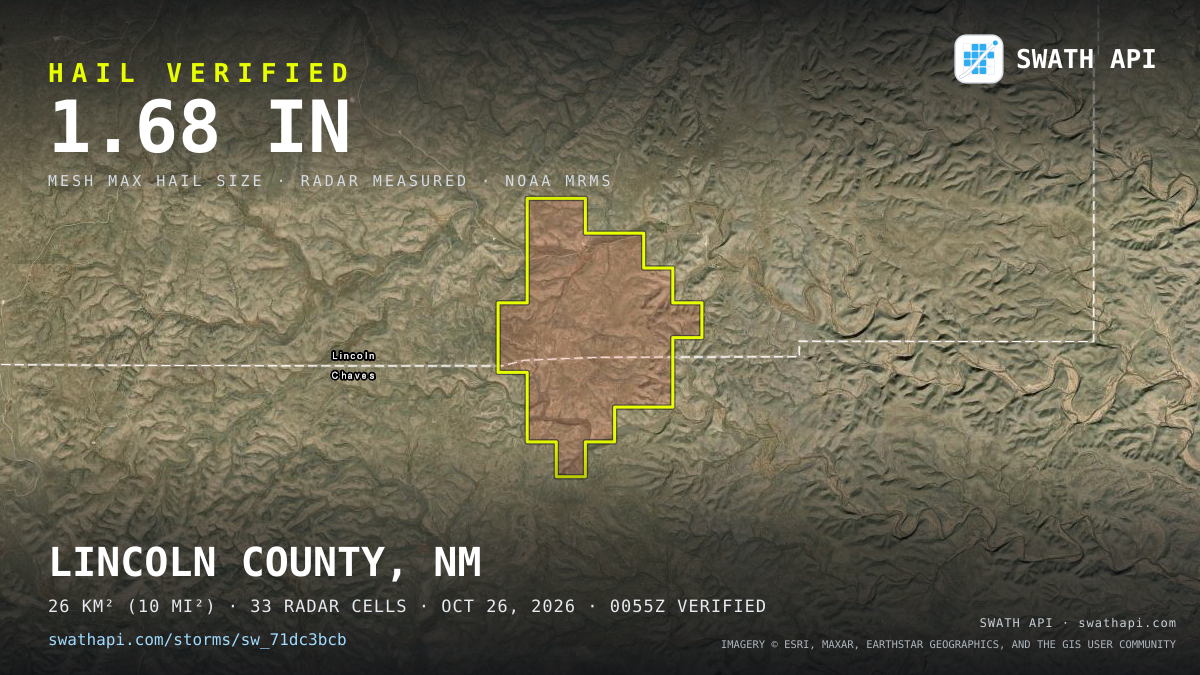 Storm card: 1.1–1.7" hail crossed Lincoln County, NM — October 26, 2026