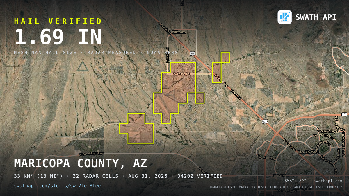 Storm card: 1–1.7" hail crossed Maricopa County, AZ — August 31, 2026
