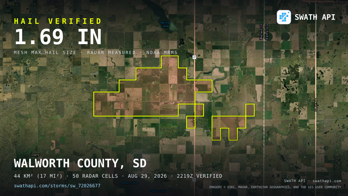 Storm card: 1.1–1.7" hail crossed Walworth County, SD — August 29, 2026