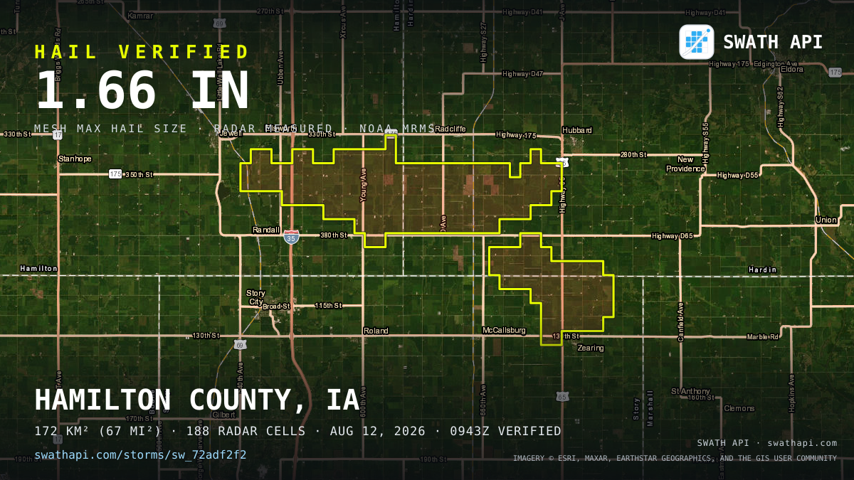 Storm card: 1.1–1.7" hail crossed Hardin County, IA — August 12, 2026