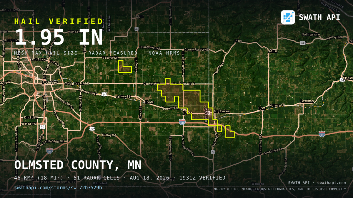 Storm card: 1.1–2" hail crossed Olmsted County, MN — August 18, 2026