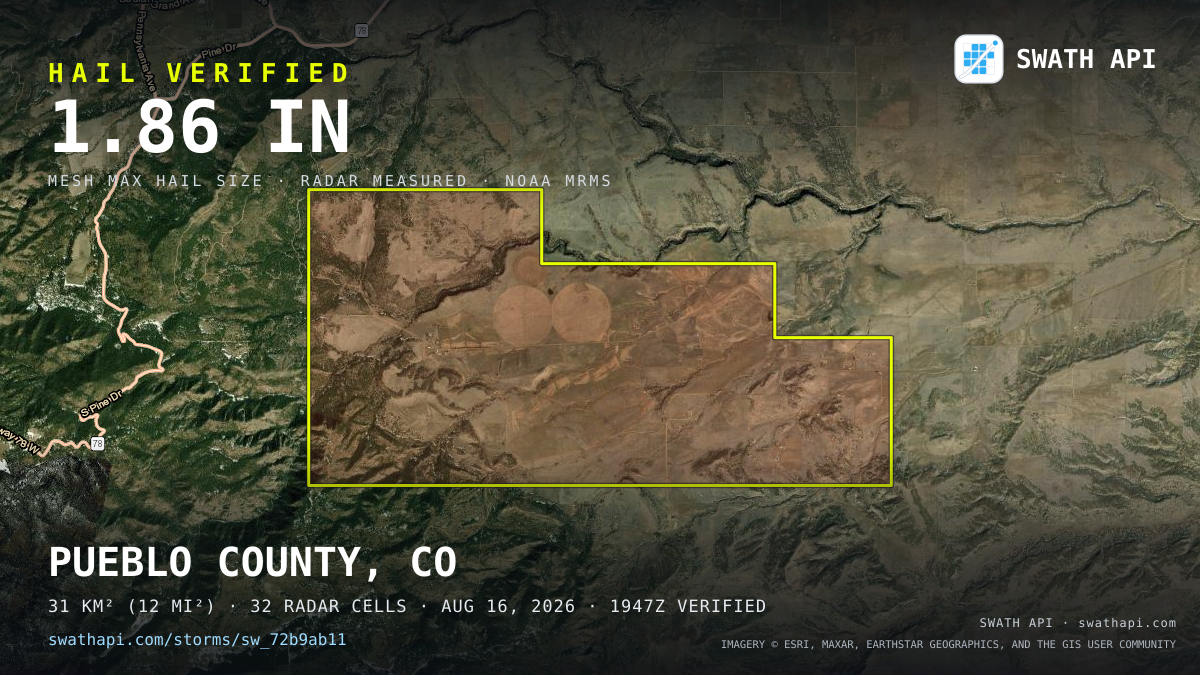 Storm card: 1.2–1.9" hail crossed Pueblo County, CO — August 16, 2026