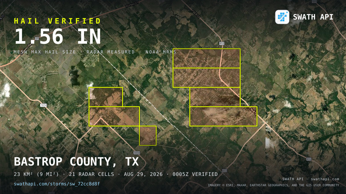Storm card: 1.2–1.6" hail crossed Bastrop County, TX — August 29, 2026