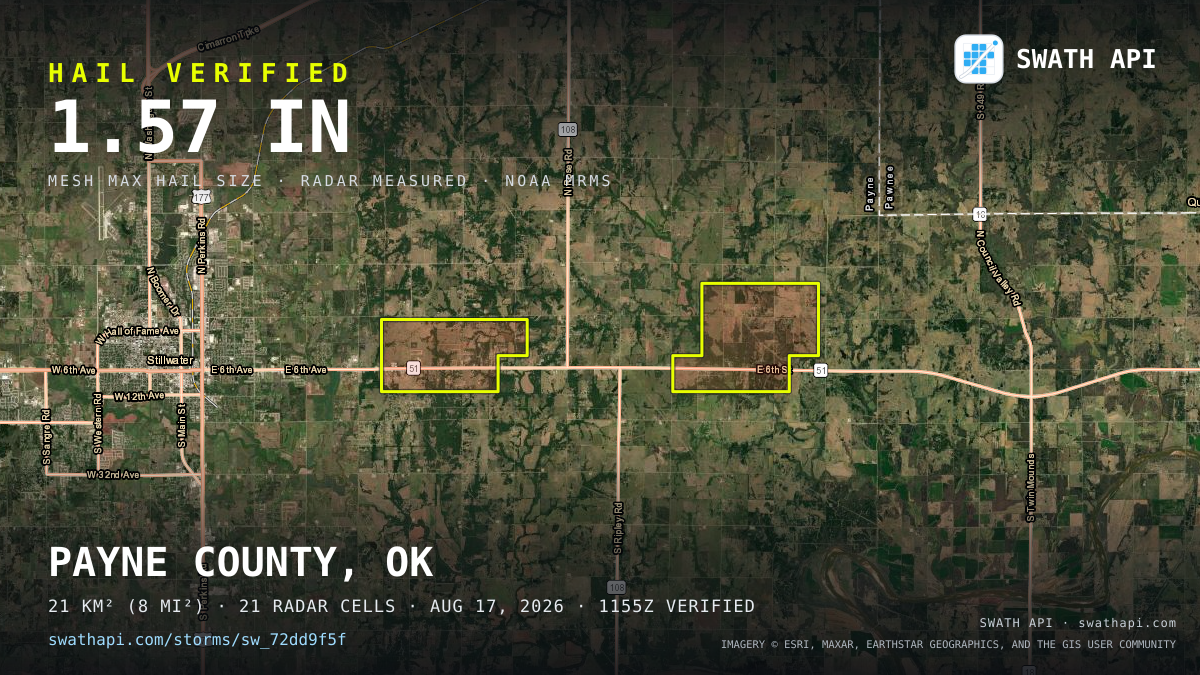 Storm card: 1.2–1.6" hail crossed Payne County, OK — August 17, 2026