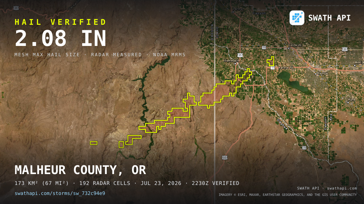 Storm card: 1.2–2.1" hail crossed Malheur County, OR — July 23, 2026