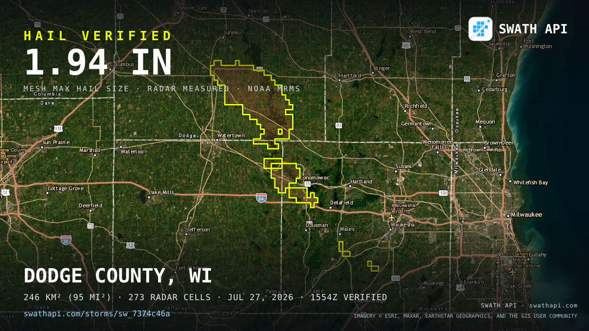 Storm card: 1–1.9" hail crossed Dodge County, WI — July 27, 2026