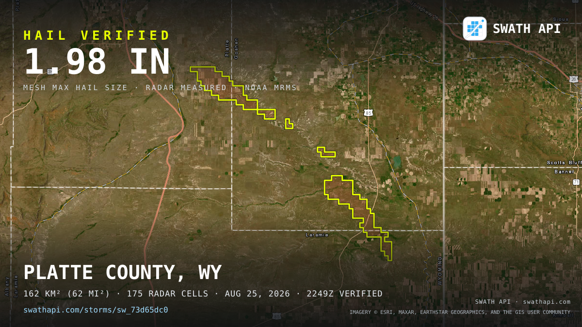 Storm card: 1.1–2" hail crossed Goshen County, WY — August 25, 2026