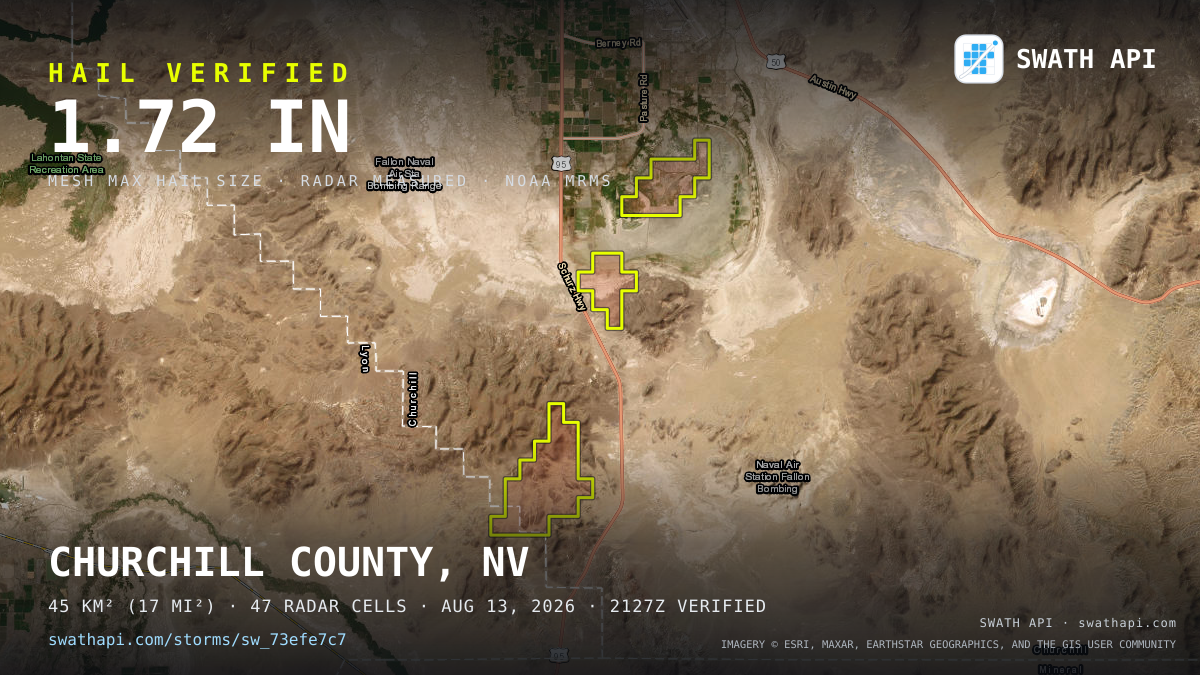 Storm card: 1.1–1.7" hail crossed Churchill County, NV — August 13, 2026