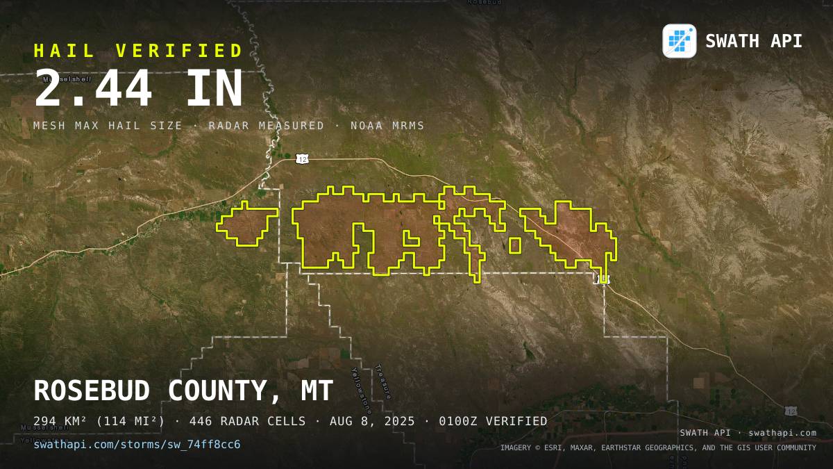 Storm card: 1.2–2.4" hail crossed Rosebud County, MT — August 8, 2025