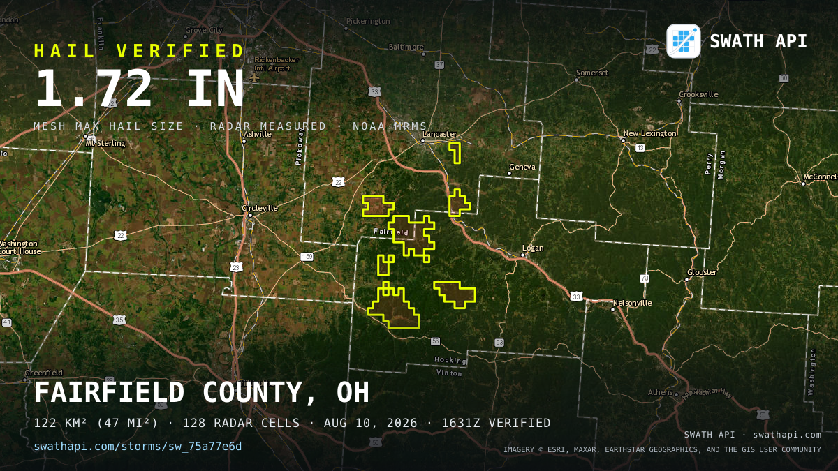 Storm card: 1.2–1.7" hail crossed Hocking County, OH — August 10, 2026