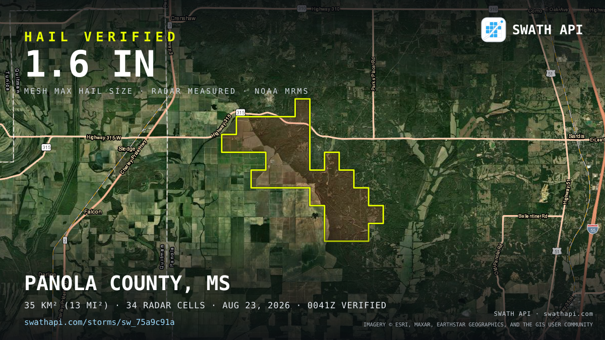Storm card: 1.2–1.6" hail crossed Panola County, MS — August 23, 2026