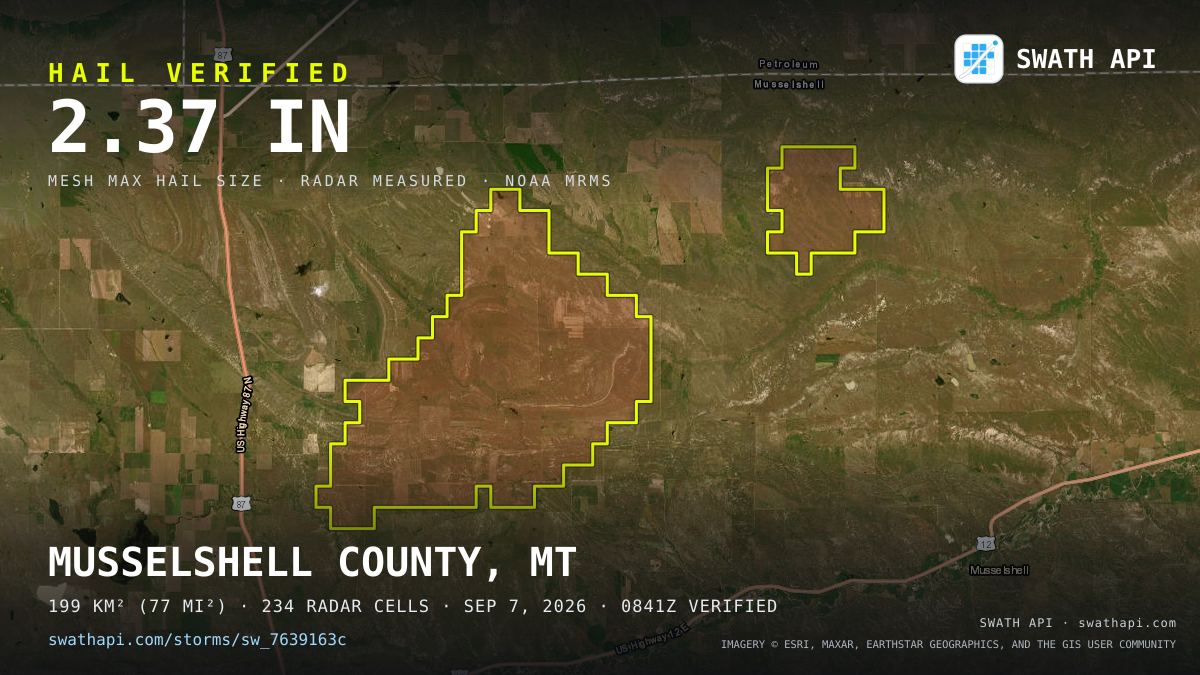 Storm card: 1.2–2.4" hail crossed Musselshell County, MT — September 7, 2026