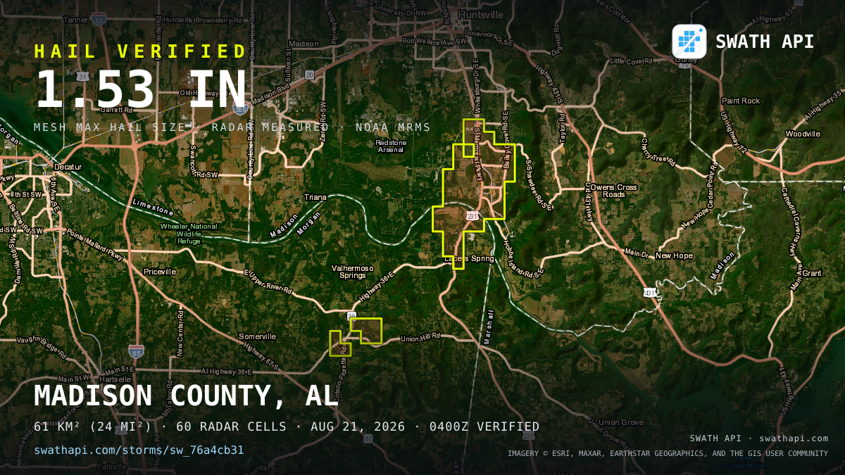 Storm card: 1.1–1.5" hail crossed Madison County, AL — August 21, 2026