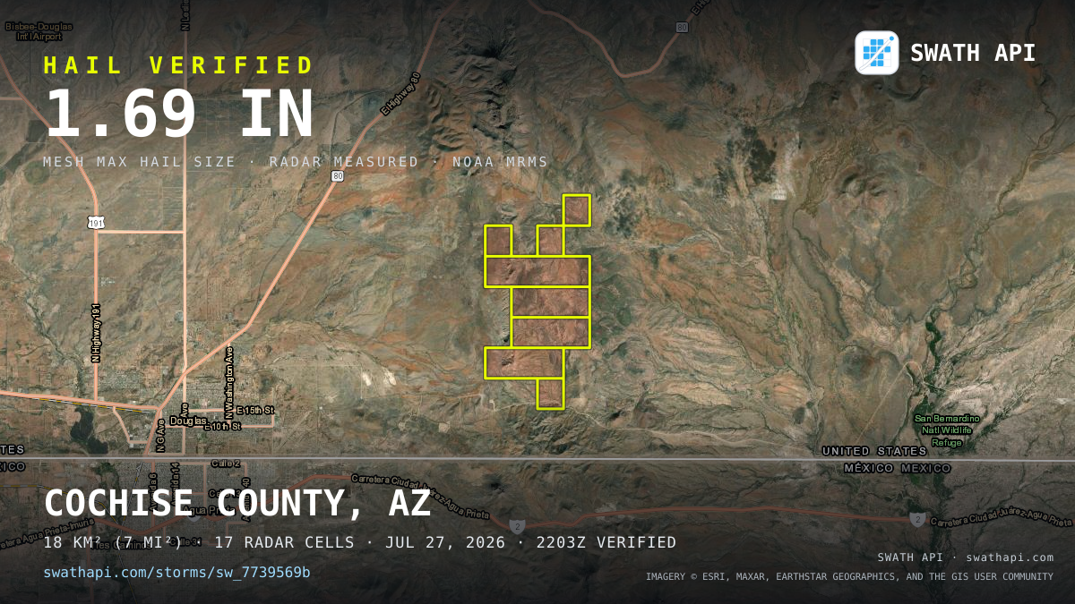 Storm card: 1.2–1.7" hail crossed Cochise County, AZ — July 27, 2026
