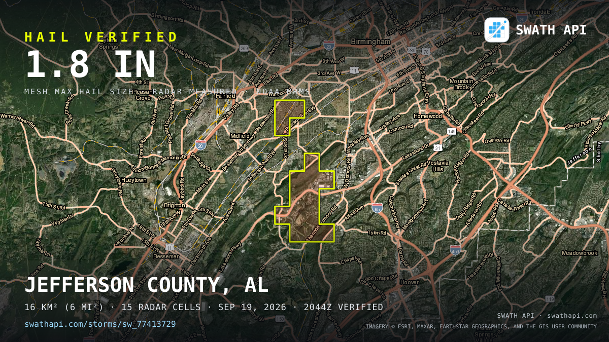 Storm card: 1.2–1.8" hail crossed Jefferson County, AL — September 19, 2026