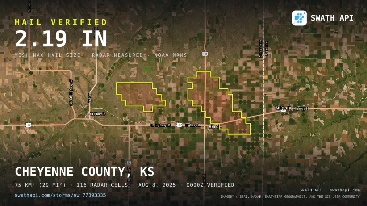 Storm card: 1.3–2.2" hail crossed Cheyenne County, KS — August 8, 2025