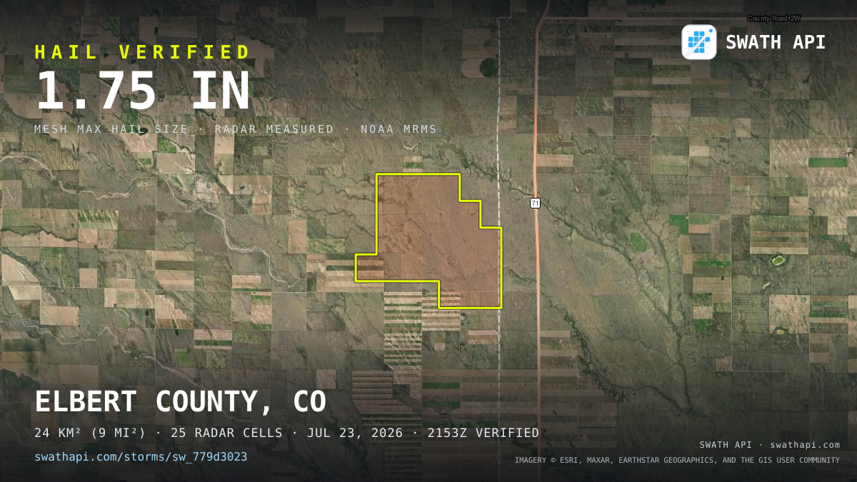 Storm card: 1.2–1.8" hail crossed Elbert County, CO — July 23, 2026
