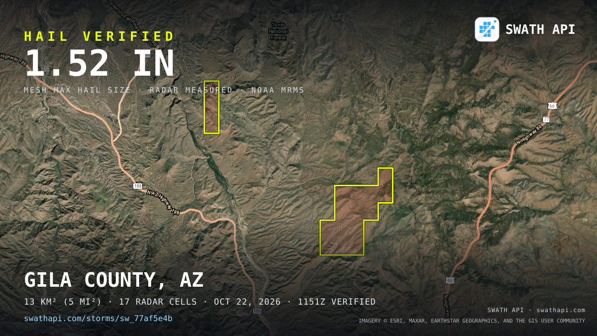 Storm card: 1.2–2.6" hail crossed Gila County, AZ — October 22, 2026