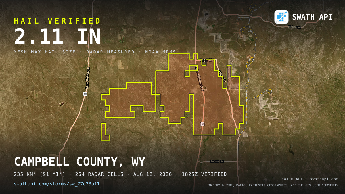 Storm card: 1.2–2.1" hail crossed Campbell County, WY — August 12, 2026