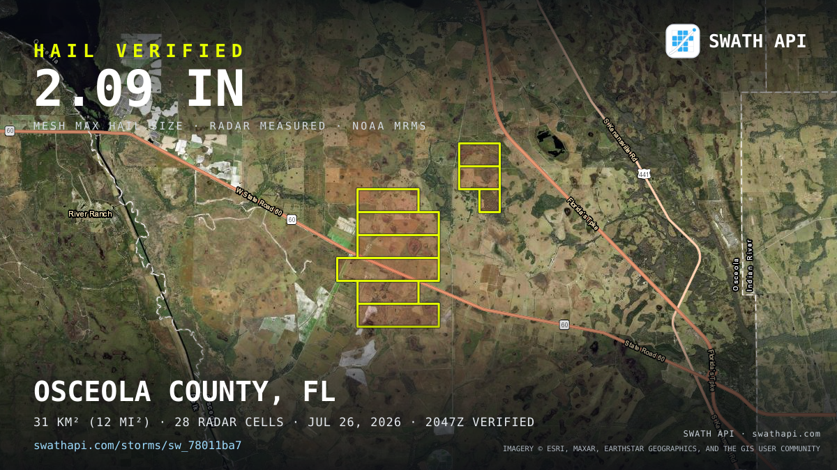 Storm card: 1.4–2.1" hail crossed Osceola County, FL — July 26, 2026