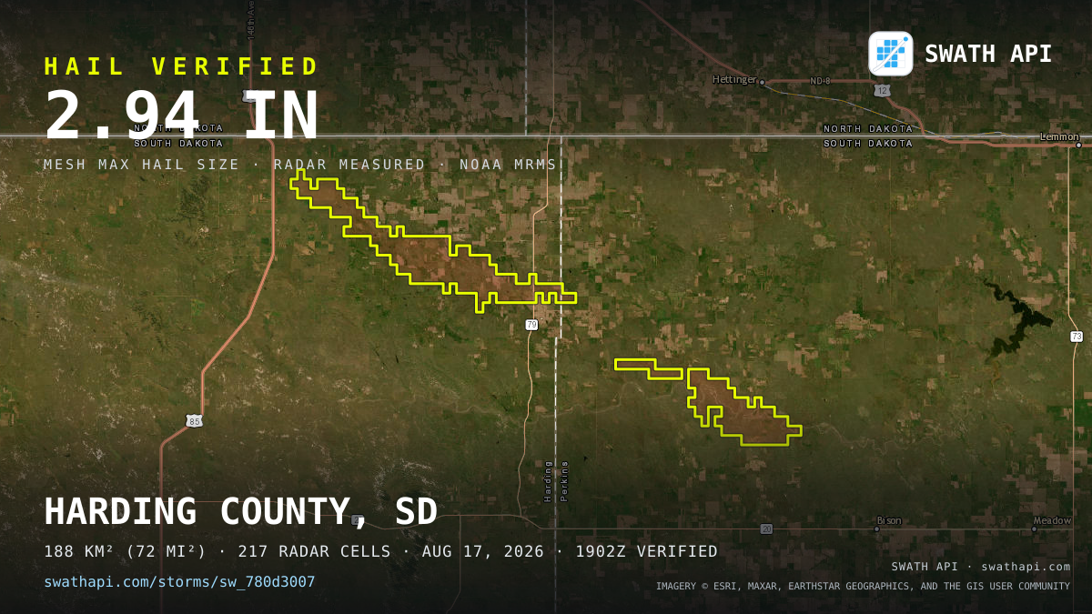 Storm card: 1.3–2.9" hail crossed Harding County, SD — August 17, 2026
