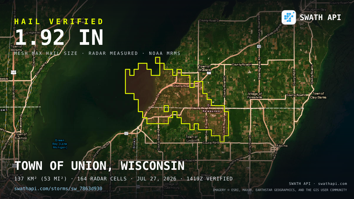 Storm card: 1.3–1.9" hail crossed Door County, WI — July 27, 2026